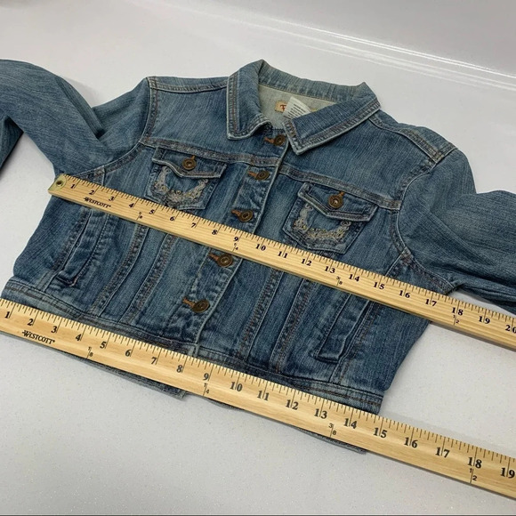 Crop Denim Jacket Woman Medium Y2K Blue Embroidery Beads Boho Western Paris Blue - Picture 7 of 9